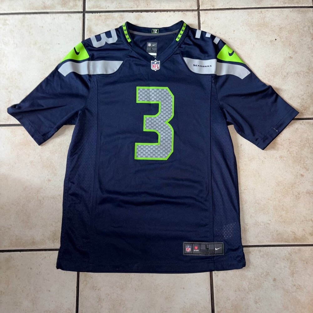 Nike NFL Russell Wilson Seahawks Jersey #3 Navy Men’s L 12th Man On Field